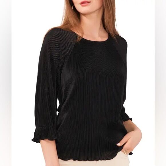 1. State Tops - 1State Rich Black Pilssé 3/4 Sleeve Blouse W/ Jewel Neck &Ruffled Hem Sz XS & L